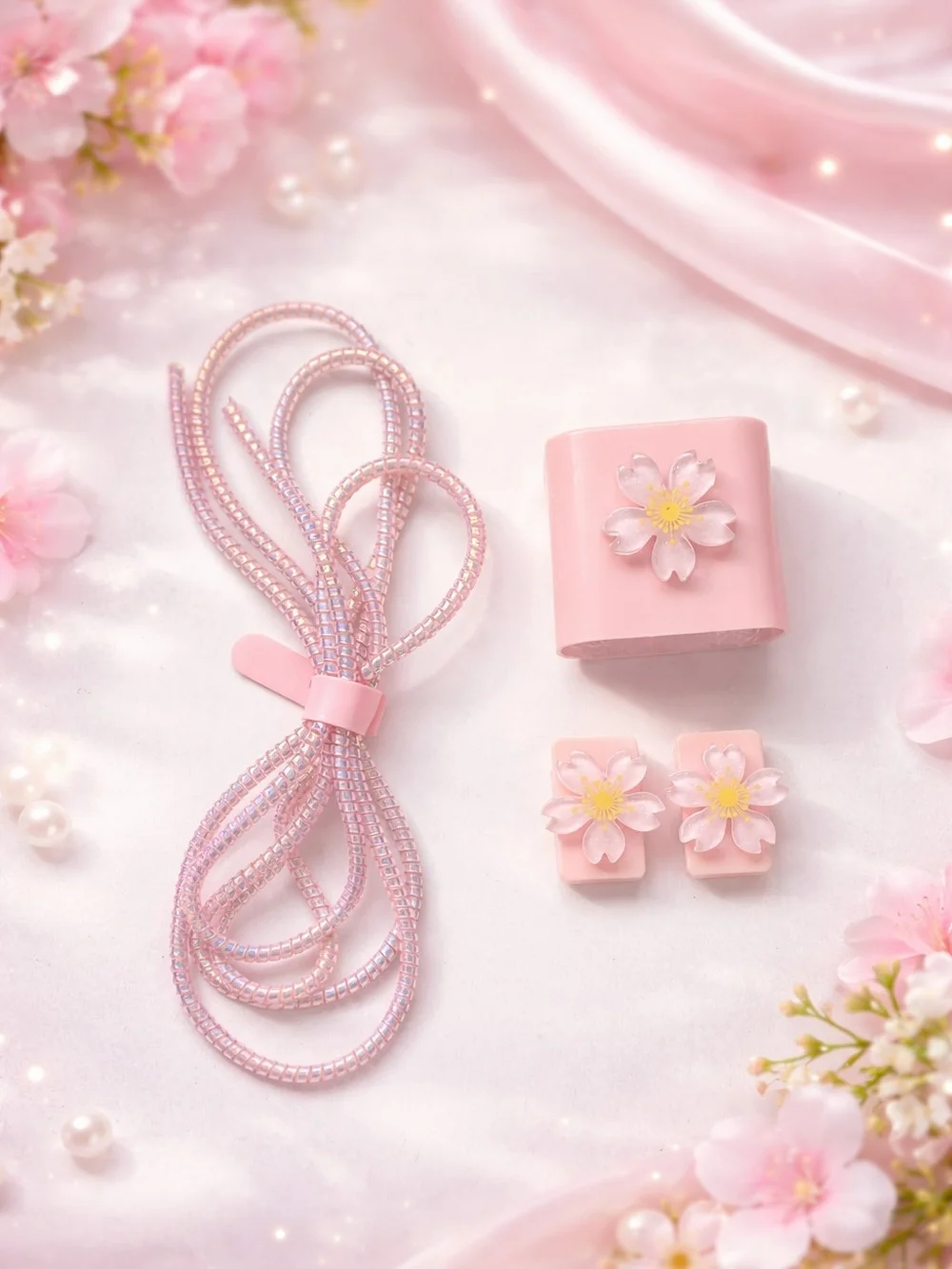 Pink Sakura Cherry Blossom Cable Protector Charger Cover Set Kawaii Coquette
